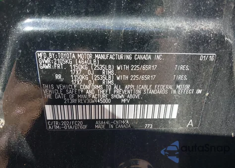 2016 Toyota Rav4 Xle из США, поврежденный, VIN 2T3RFREV3GW445000